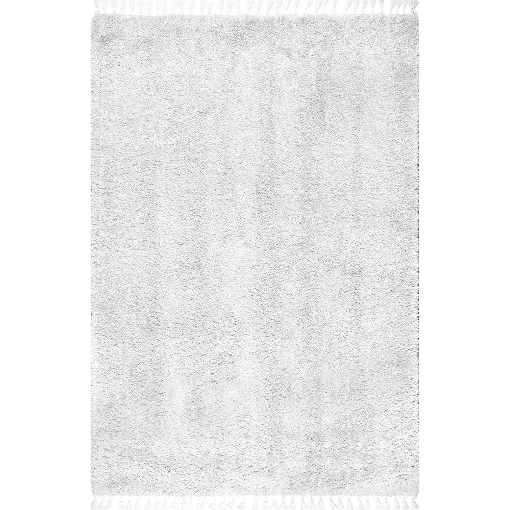 Ivory Rectangular Braided Shag Area Rug with Tassels