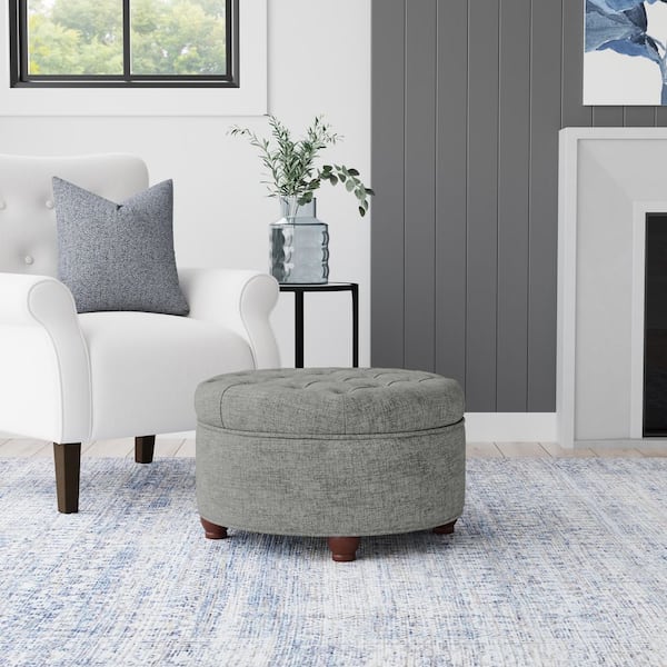 Gray Woven Fabric Button Tufted Round Storage Ottoman