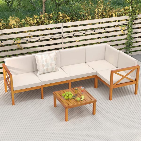6-Piece Acacia Wood Patio Conversation Set with Coffee Table for Garden and Off-White Cushions