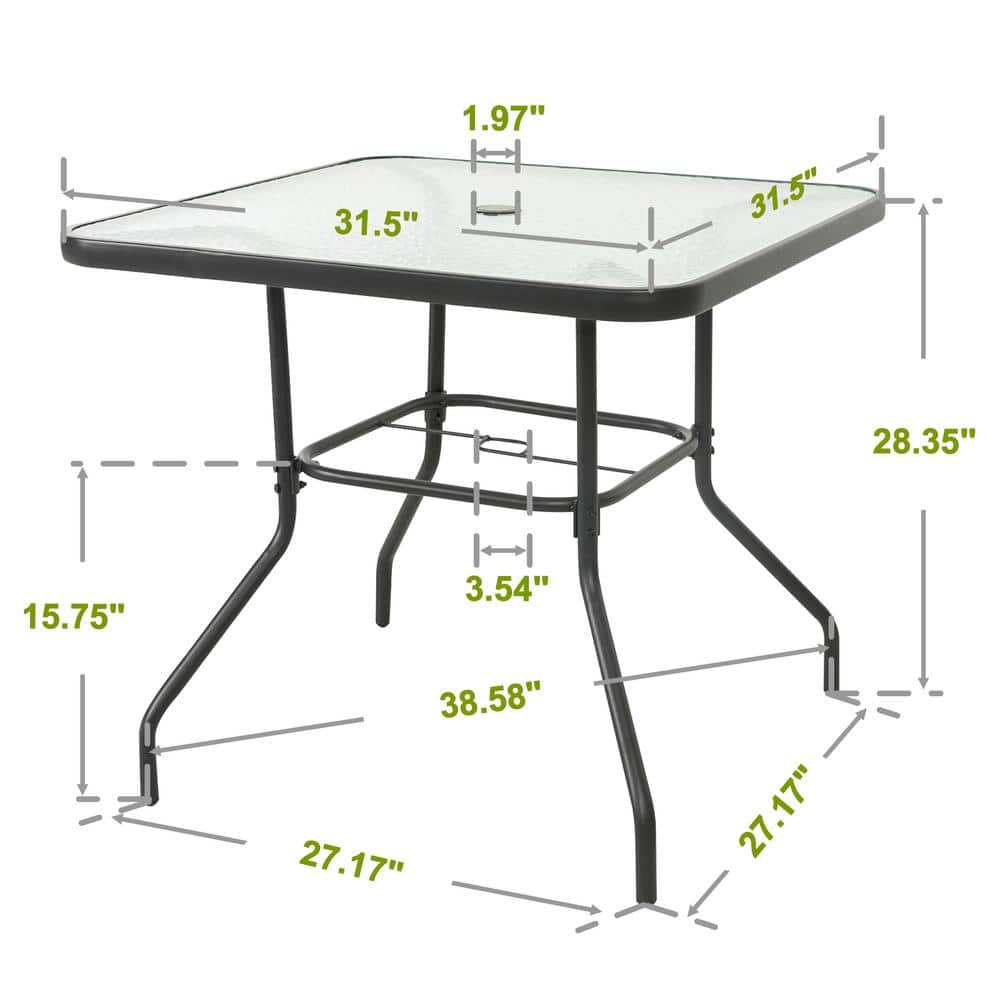 Black Square Metal Outdoor Dining Table with Tempered Glass Top