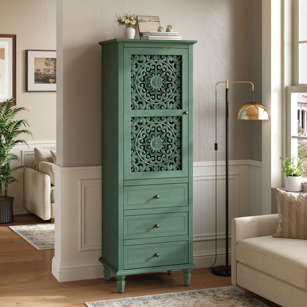 Green 63 in. H Vintage Storage Cabinet with 3 Drawers, Retro Display Cabinet for Living Room Entryway Dining Room