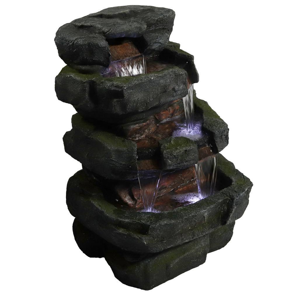 24" Gray and Green Polyresin Tiered Water Fountain with LED Lights