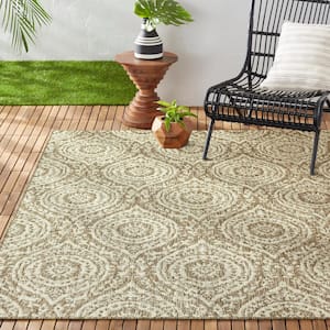 Patio Country Zoe Taupe/Ivory 8 ft. x 10 ft. Moroccan Damask Indoor/Outdoor Area Rug