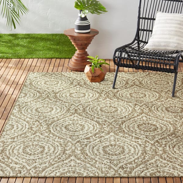 Patio Country Zoe Taupe/Ivory 8 ft. x 10 ft. Moroccan Damask Indoor/Outdoor Area Rug