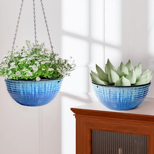 OGETFUUR 2-Pack Blue Glaze Plastic Round Hanging Planter Baskets with Drainage Holes, Decorative Hanging Flower Pots