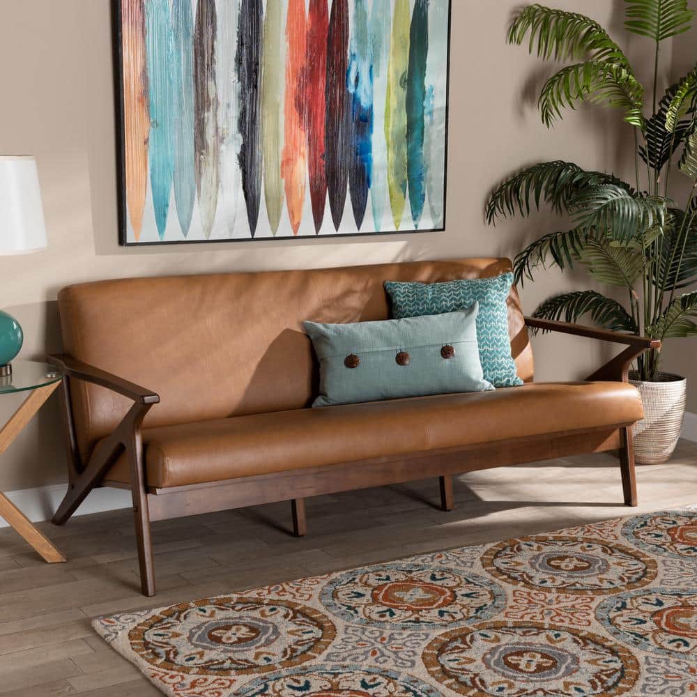 Bianca 72" Tan Faux Leather and Walnut Wood Sofa