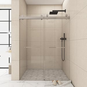 72 in. W x 79 in. H Double Sliding Frameless Shower Door in Brushed Nickel Finish with Clear Glass