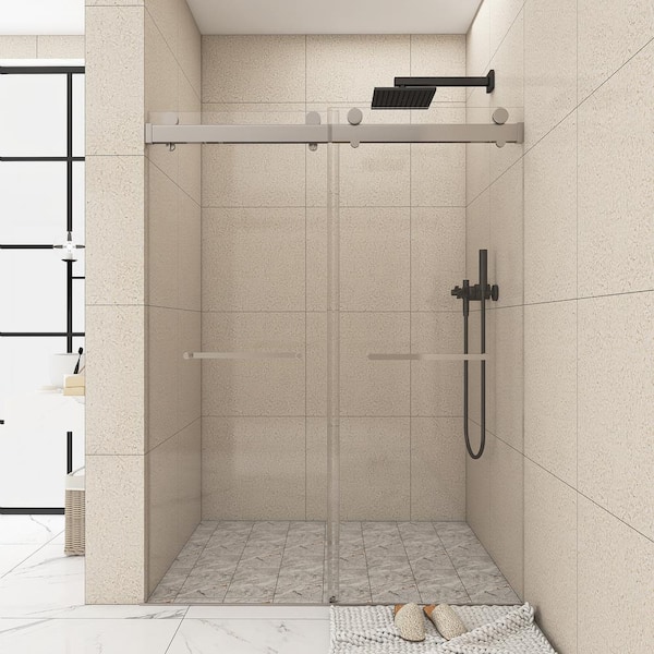 JimsMaison 72 in. W x 79 in. H Double Sliding Frameless Shower Door in Brushed Nickel Finish with Clear Glass