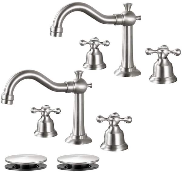 Double Handle 8 in. Widespread Bathroom Faucet 3 Hole Bathroom Sink Faucet with Pop-Up Drain in Brushed Nickel (2-Pack)