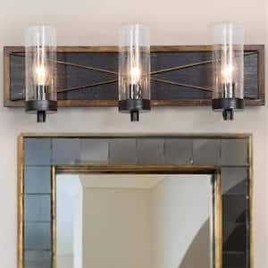 20 in. 3-Light Brushed Black Vanity Light with Seeded Glass Shades and Faux Wood Accents