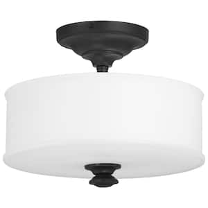 Harbour Point 13.5 in. 2-Light Black Semi Flush Mount with Etched White Glass Shade