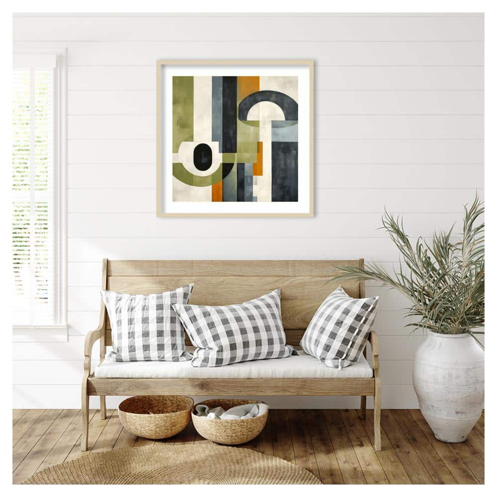 Sage Green and Orange Geometric Abstract 33"x33" Wood Framed Wall Art