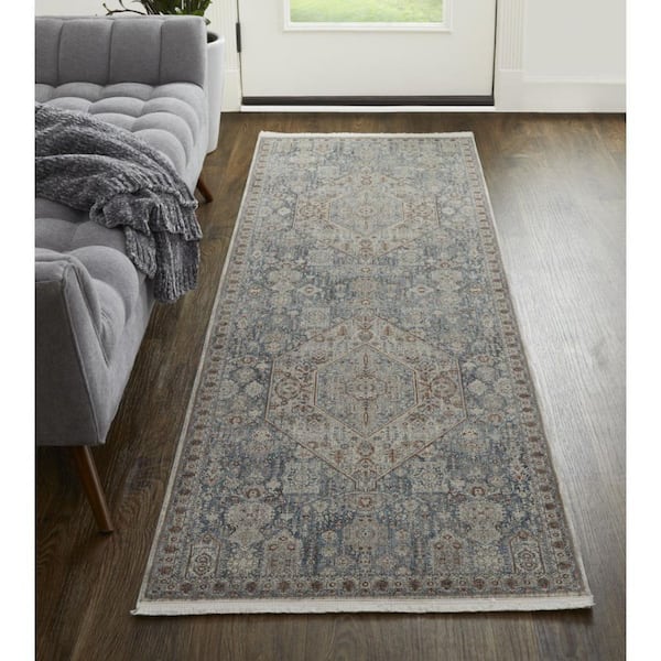 2 ft. x 8 ft. Blue, Ivory Floral Runner Rug
