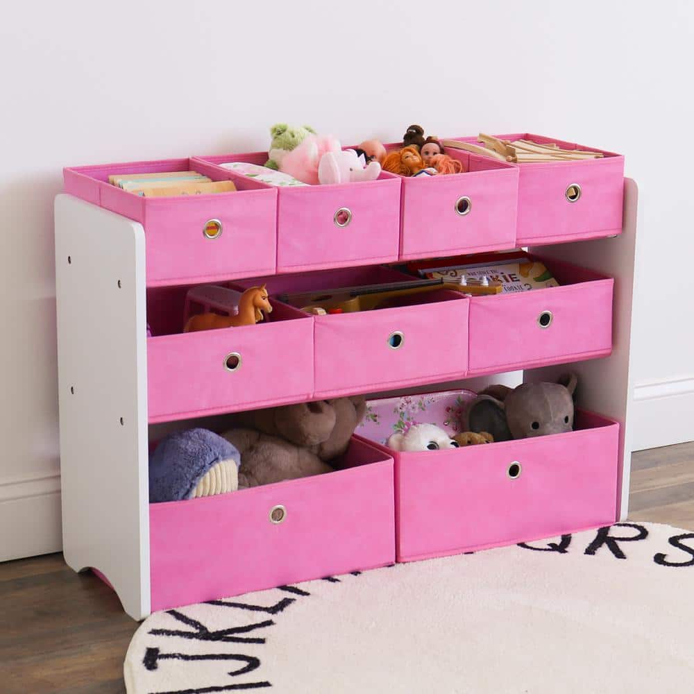 White and Pink 3-Tier Kids Storage Organizer with Fabric Bins