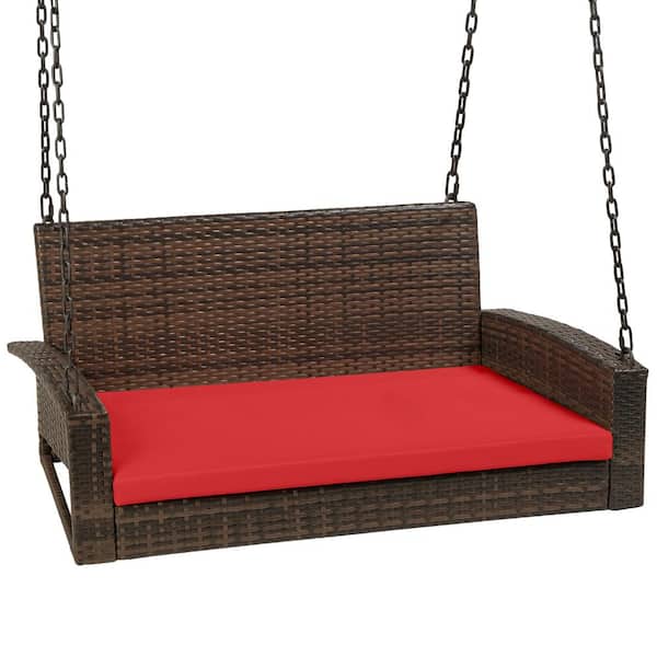 Best Choice Products 2-Person Brown Wicker Porch Swing with Red Cushions