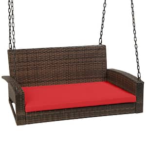 2-Person Brown Wicker Porch Swing with Red Cushions