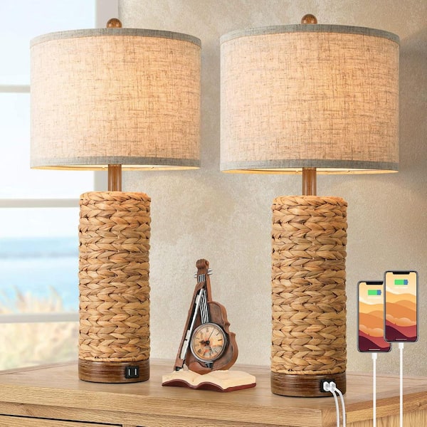 27 in. Set of 2 Rattan Table Lamps for Living Room with 2 USB Ports, Brown