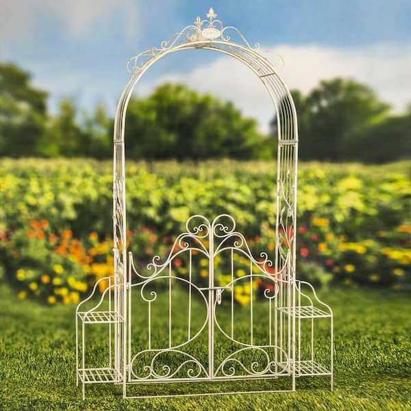 Zaer Ltd. International - 97.63 in. x 64.2 in. Metal Garden Arbor Antique White