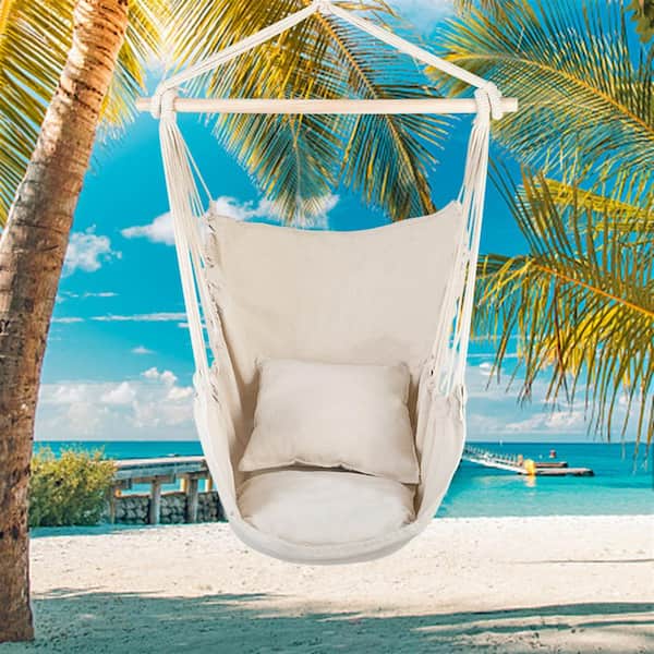 31.5 in. x 49.6 in. Portable Hammock Chair Cotton Canvas Hanging Rope Chair with Pillow in Beige