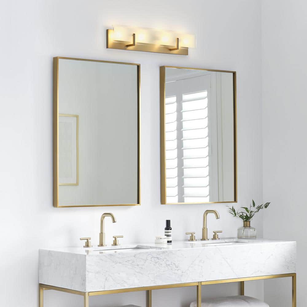 Satin Brass 4-Light Vanity Fixture with Frosted Beveled Glass