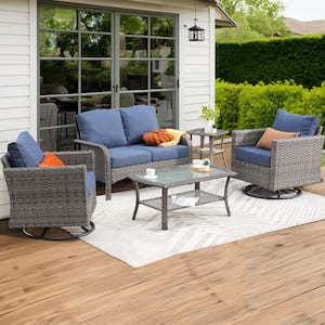 Camellia 5-Piece Wicker Patio Conversation Seating Sofa Set with Denim Blue Cushions and Swivel Rocking Chairs