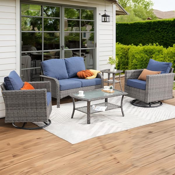 XIZZI Camellia 5-Piece Wicker Patio Conversation Seating Sofa Set with Denim Blue Cushions and Swivel Rocking Chairs