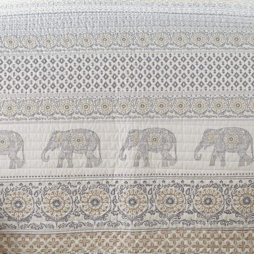 Nacala Gray and Taupe Cotton Full Quilt Set with Elephant Design