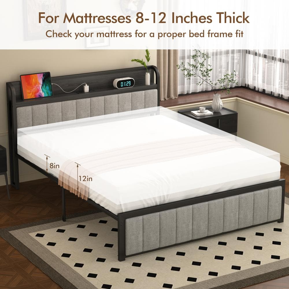 Queen Bed Frame, Black Metal Frame Platform Bed Upholstered Headboard with Storage Charging Station, Sturdy Metal Slats - thumbnail 3