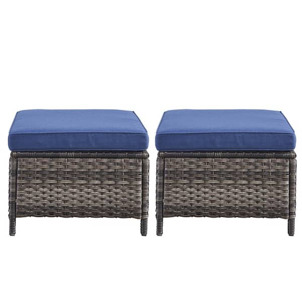 2-Pack Wicker Outdoor Ottoman Steel Frame Footstool with Removable Cushions Gray/Blue