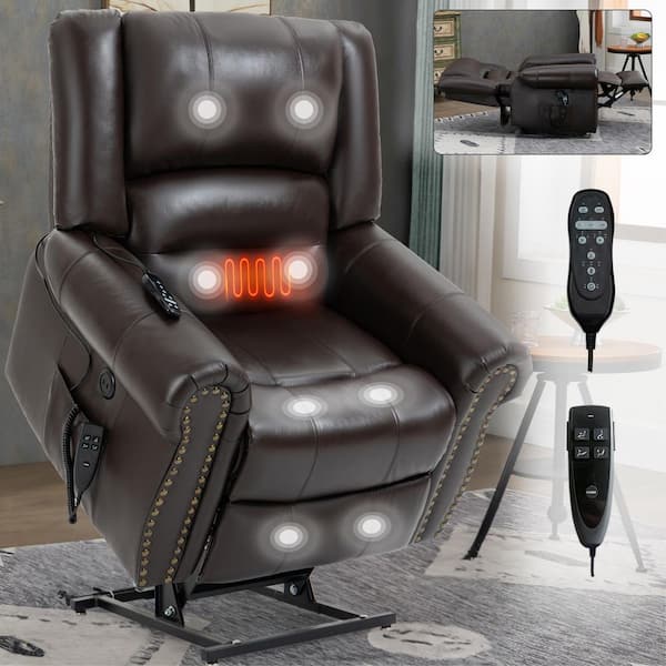 Wine Dual Motor Genuine Leather Power Lift Recliner Heat Massage, Heavy Duty Motion Mechanism with USB Ports