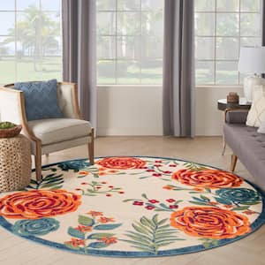 Aloha Ivory Multicolor 8 ft. Round Floral Contemporary Indoor/Outdoor Round Area Rug