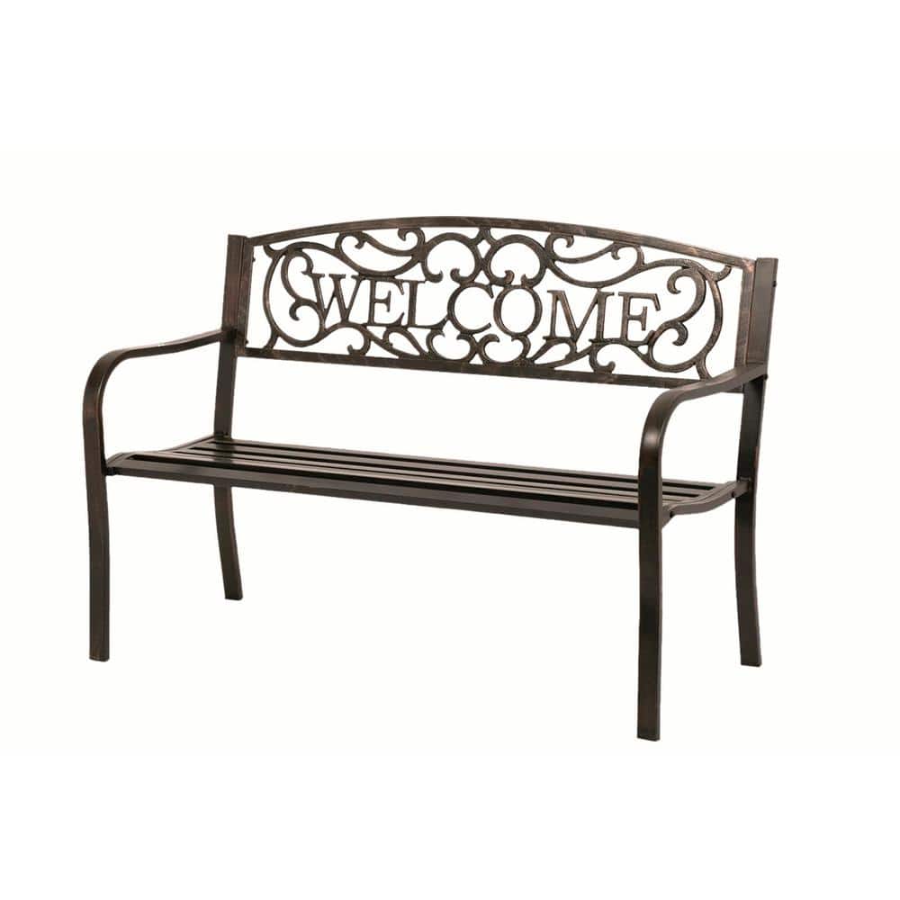 Bronze Metal Outdoor Garden Bench with Backrest and Armrests
