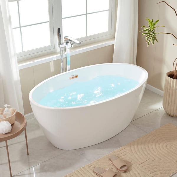 Vanity Art Calais 55 in. L x 32 in. W Acrylic Flatbottom Freestanding Bathtub with Center Drain in White/Titanium Gold