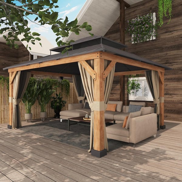 15 ft. x 13 ft. Wood Grain Aluminum Gazebo with Steel Roof, Ceiling Hook, Mosquito Netting, and Curtains