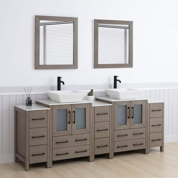 84 in. W Double Basin Driftwood Gray Bath Vanity with White Engineered Marble Top and Mirror