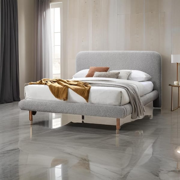 Benjara Damazy White and Brown Composite Wood Frame Queen Platform Bed with Upholstered Headboard