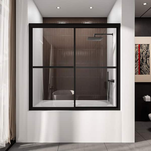 Alvin 59 in. W x 56 in. H Sliding Framed Tub Door in Matte Black Finish