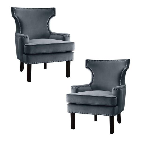 EVERGLADE HOME Pierre Gray Velvet Upholstery Nailhead Trim Back Accent Chair (Set of 2)