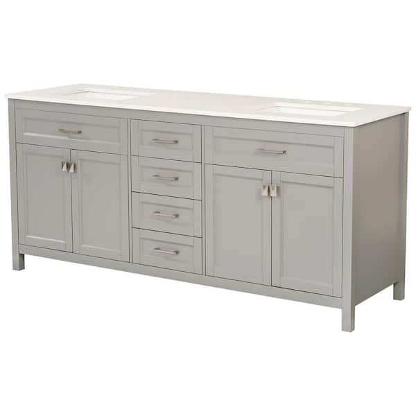 HBEZON Aphrodite 72 in. W x 22 in. D x 34 in. H Freestanding Bath Vanity in Grey with White Cultured Marble Top and Double Sink