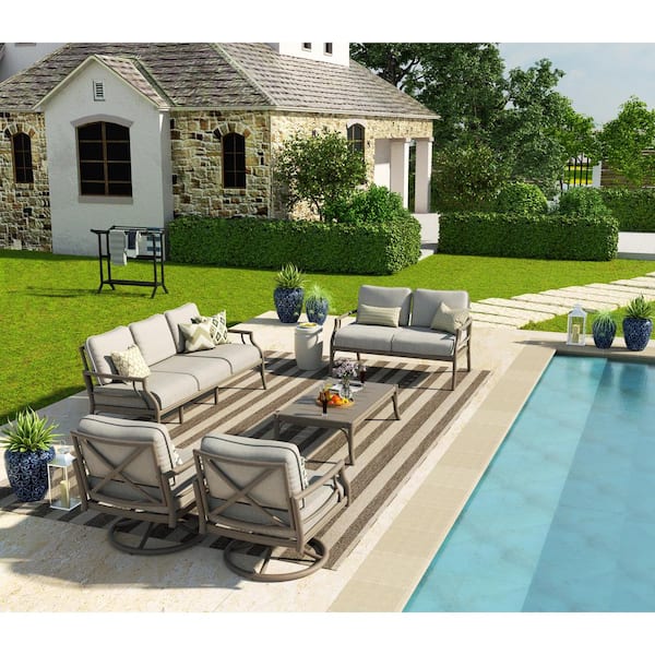 PEAK HOME FURNISHINGS Lamando 5-Piece Aluminum Patio Outdoor Swivel Conversation Set with Light Mixed Gray Cushions