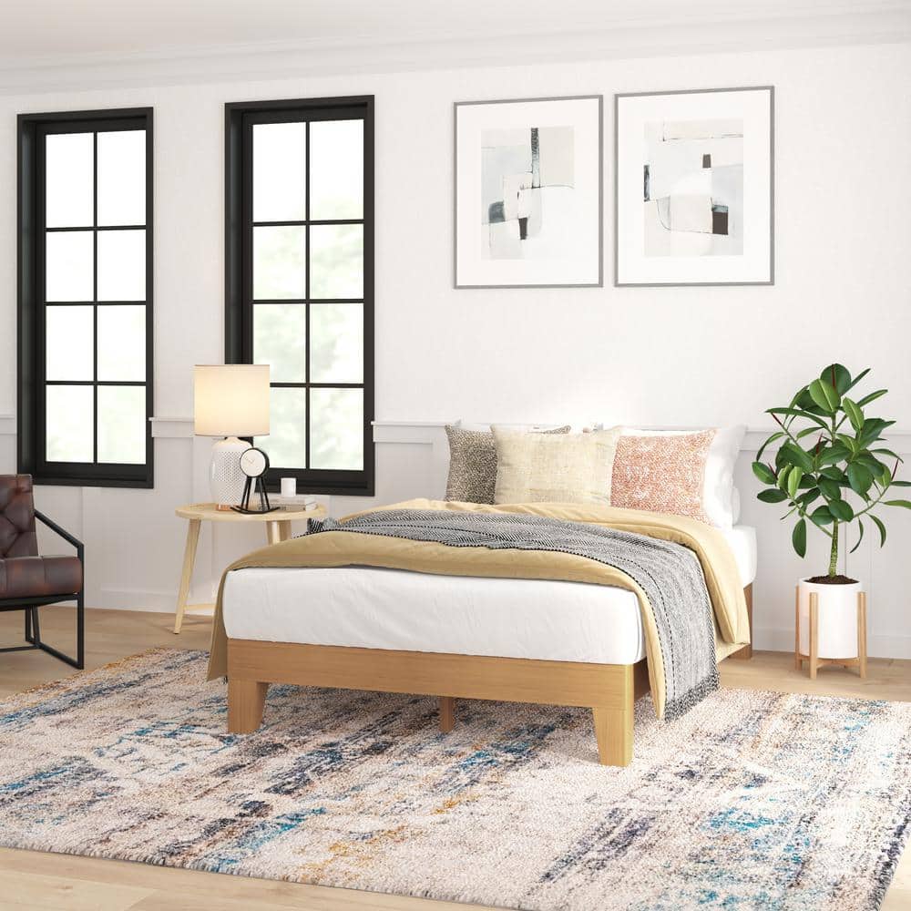 Natural Pine Full Platform Bed with Wood Headboard and Slats