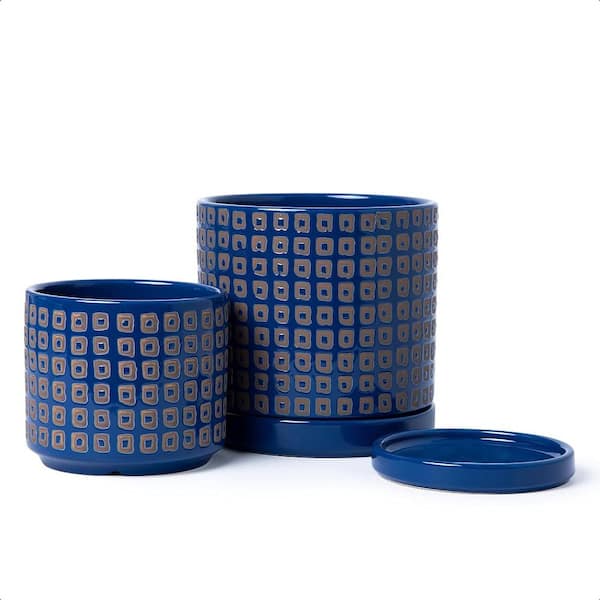 ITOPFOX Contemporary 6 in. L x 6 in. W x 6 in. H Blue Ceramic Round Indoor Planter (2-Pack)