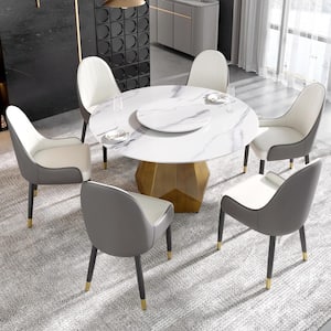 53 in. White Circular Rotable Sintered Stone Tabletop with Lazy Susan Pedestal Base Kitchen Dining Table (Seats-6)