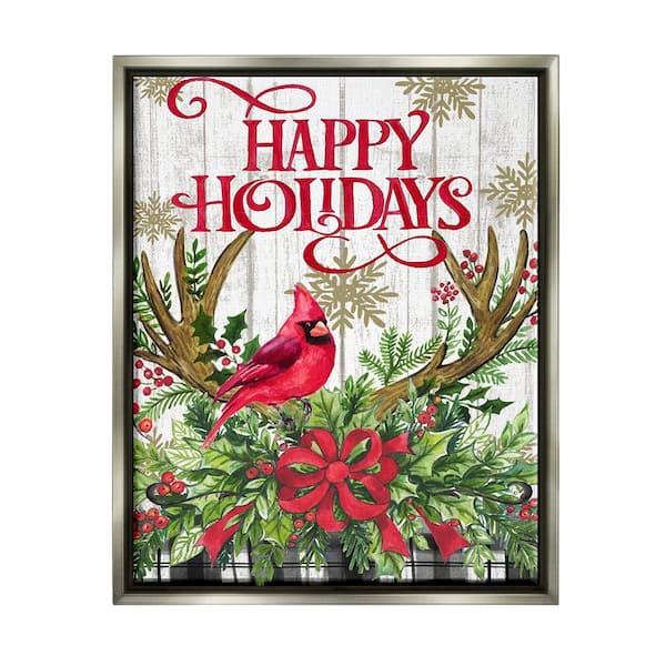 Stupell Industries Happy Holidays Cardinal 1-Piece Floater Frame Graphic Print Animal Poster Art Print 21 in. x 17 in.