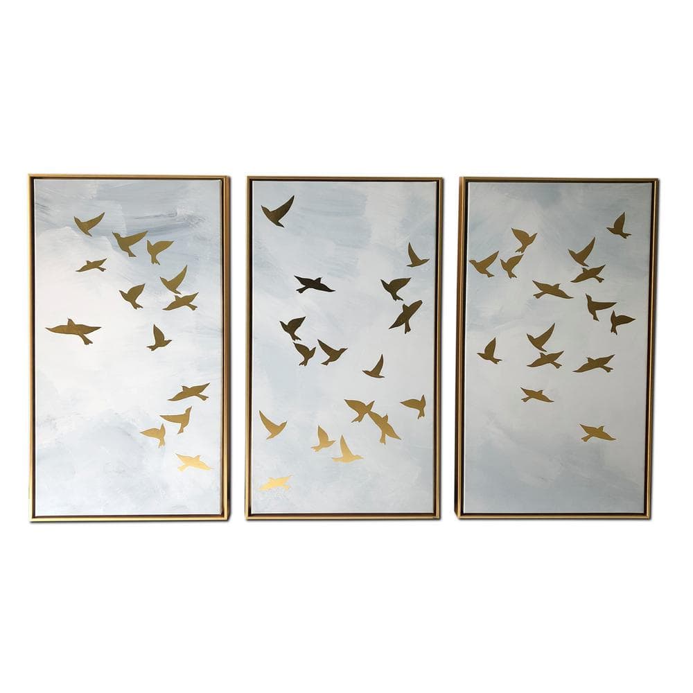 Golden Birds 3-Piece Gold Floating Framed Canvas Animal Art 30 in. x 48 in.