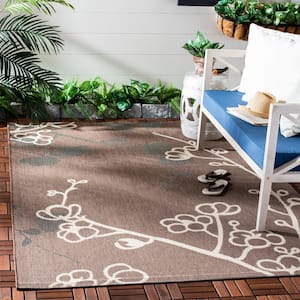 Courtyard Brown Natural/Black 7 ft. x 7 ft. Square Floral Indoor/Outdoor Patio  Area Rug