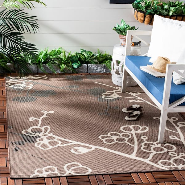 Courtyard Brown Natural/Black 7 ft. x 7 ft. Square Floral Indoor/Outdoor Patio  Area Rug