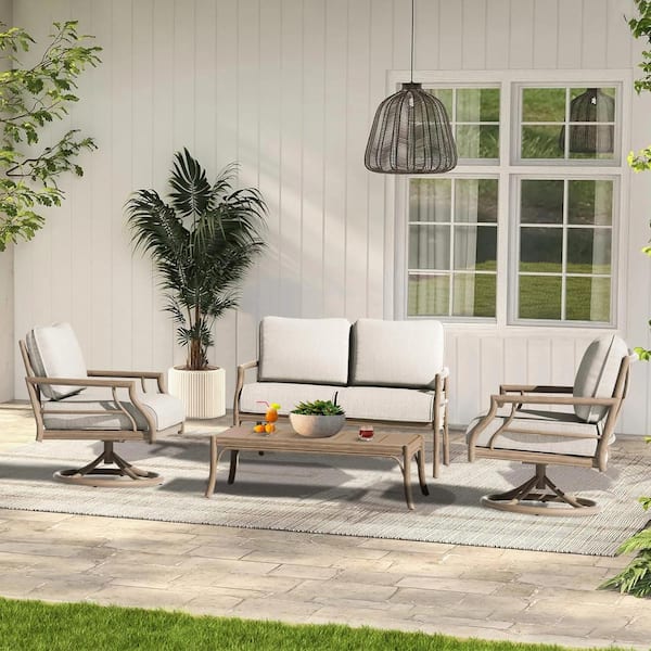 Lamando 4-Piece Aluminum Patio Outdoor Swivel Conversation Set with Light Mixed Gray Cushions Loveseat