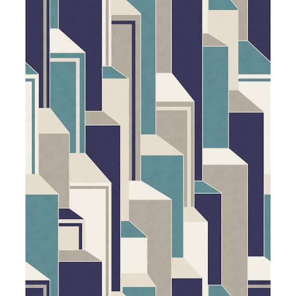 Seabrook Designs Perry Teal and Indigo Deco Geometric Paper Non-Woven Unpasted Wallpaper Roll (covers 56 sq. ft.)