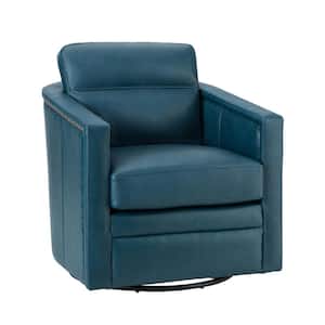 Elvira 28.74'' Wide Turquoise Genuine Leather Swivel Chair with Squared Arms